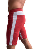Red eco-track athletic shorts with white and gray striped side panel designed for outdoor running and training