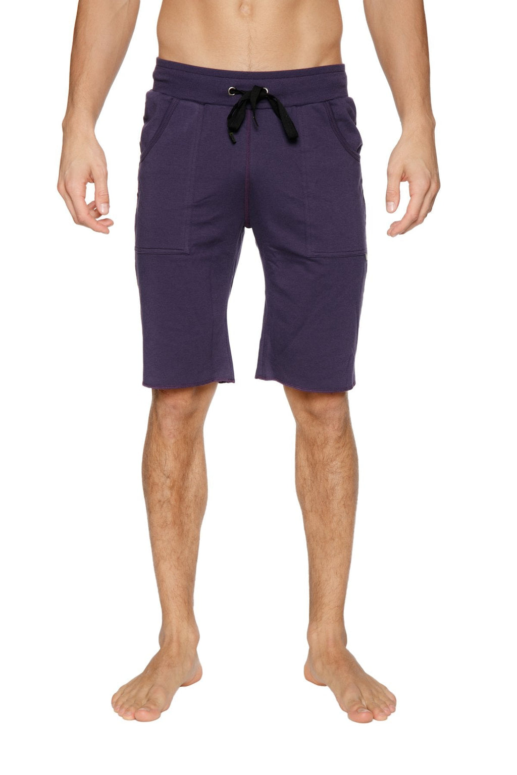 Dark purple eco-track athletic shorts with black drawstring waistband and two side pockets for active wear