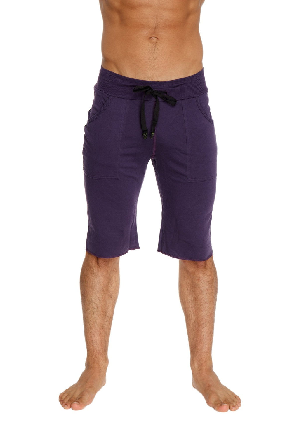 Eco-track short in eggplant with black drawstring waistband made from sustainable fabric for athletic use