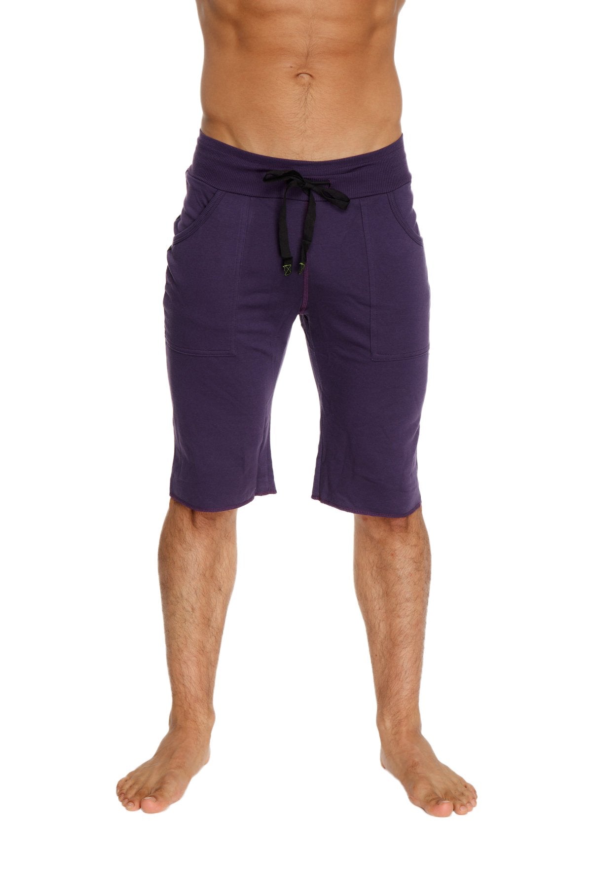 Eco-track short in eggplant with black drawstring waistband made from sustainable fabric for athletic use