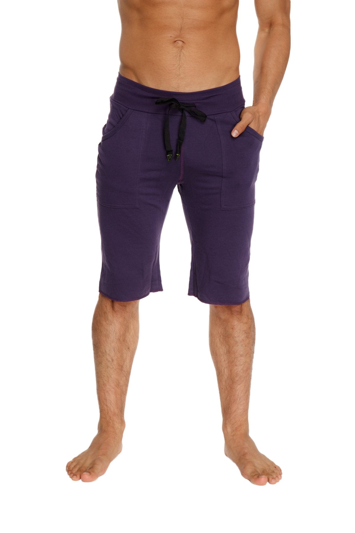 Eco-track short eggplant with black features purple athletic shorts with black drawstring waistband and side pockets
