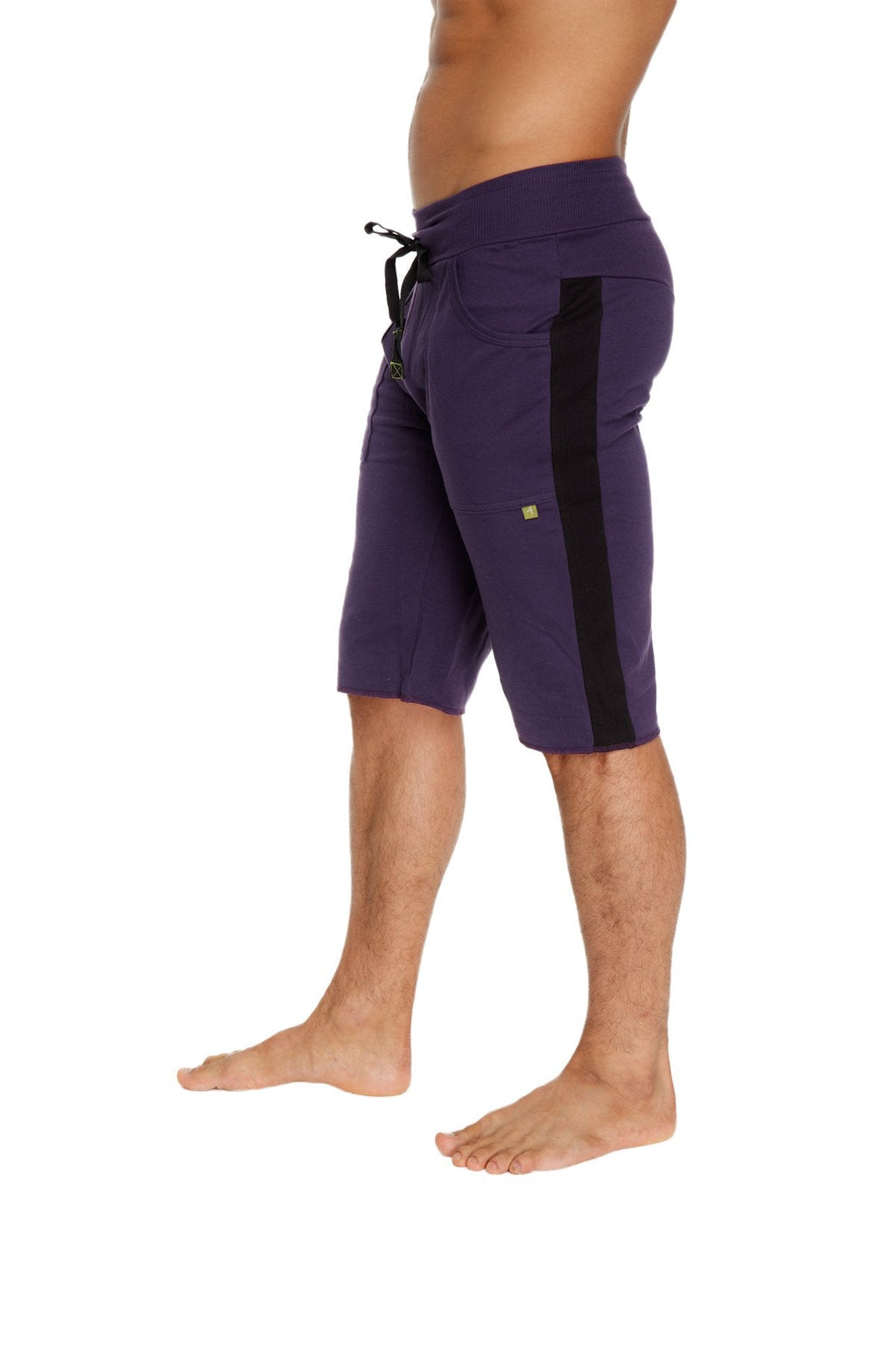 Eco-Track short in eggplant purple with black side stripe and drawstring waistband for athletic use