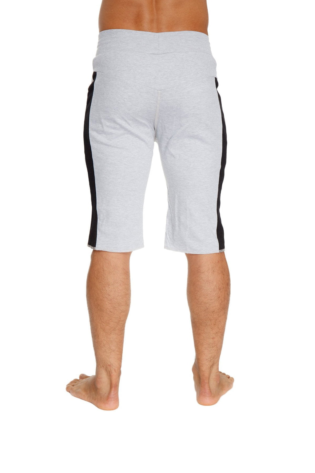 White eco-track athletic shorts in heather grey with black side stripes designed for active use