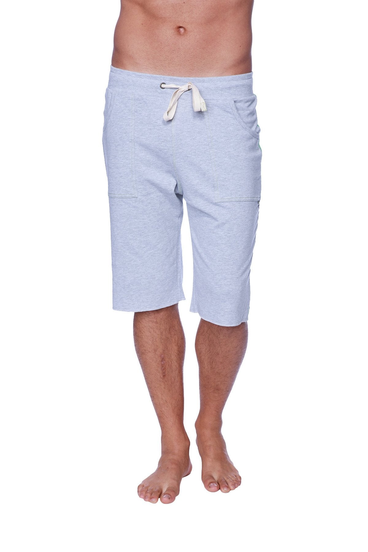 Eco-track short heather grey with green is a light blue heathered cotton short with white drawstring and side pockets