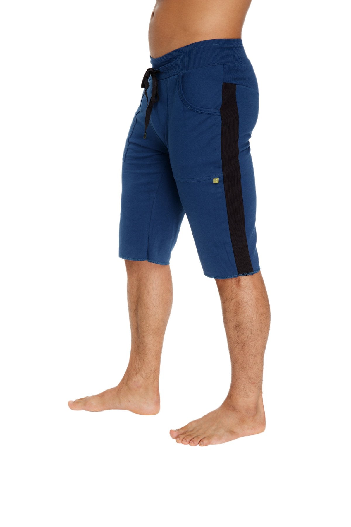 Eco-track short royal blue with black side stripes and drawstring waistband for athletic wear