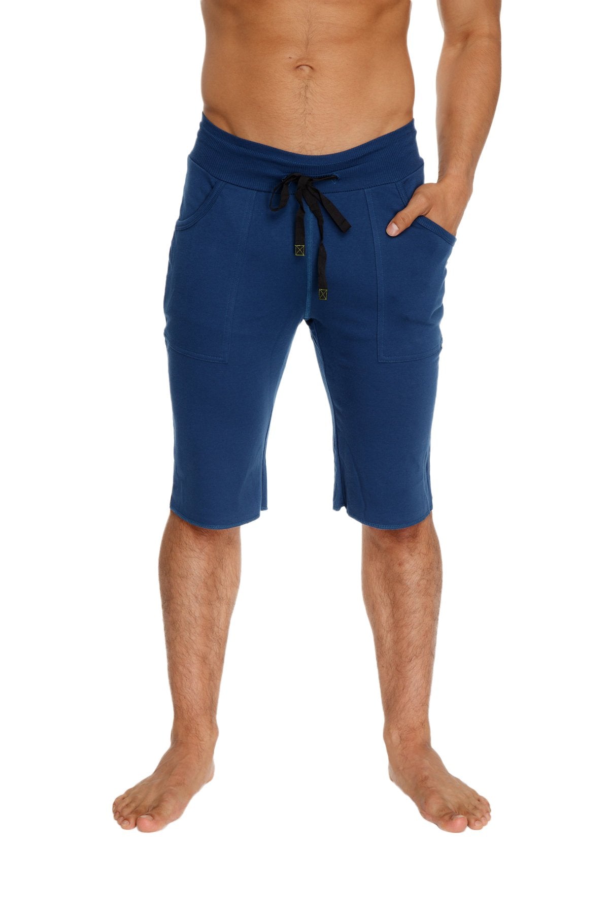 Navy blue eco-track shorts with black drawstrings side pockets and relaxed fit made from eco-friendly fabric
