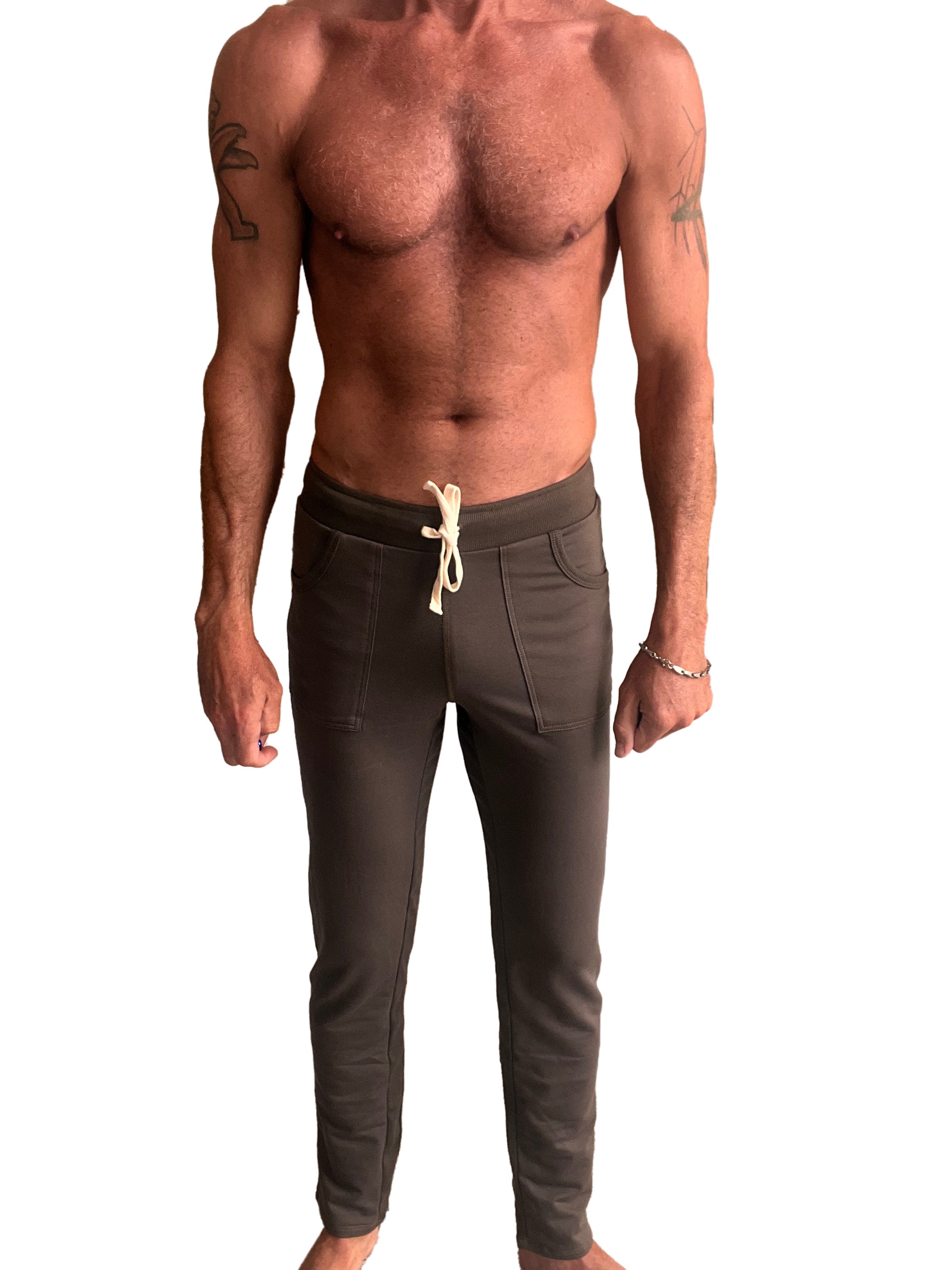 Dark olive eco-track and yoga sweat pant with drawstring waist and front pockets for comfort and style