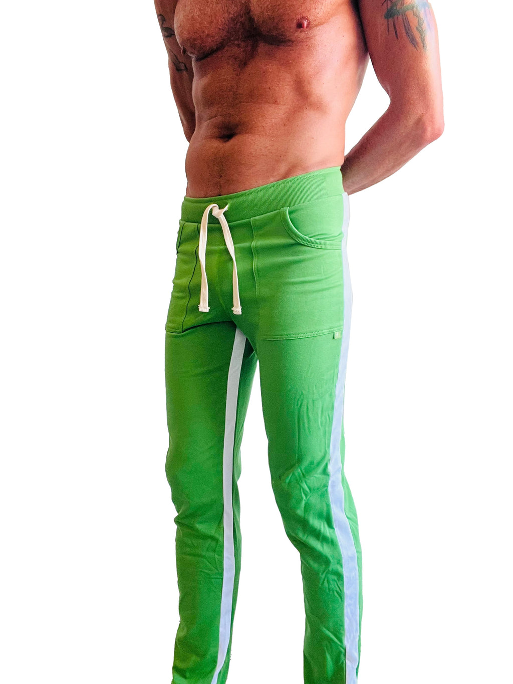 Eco-track and yoga sweat pant in bamboo green with white side stripes and matching drawstring waistband