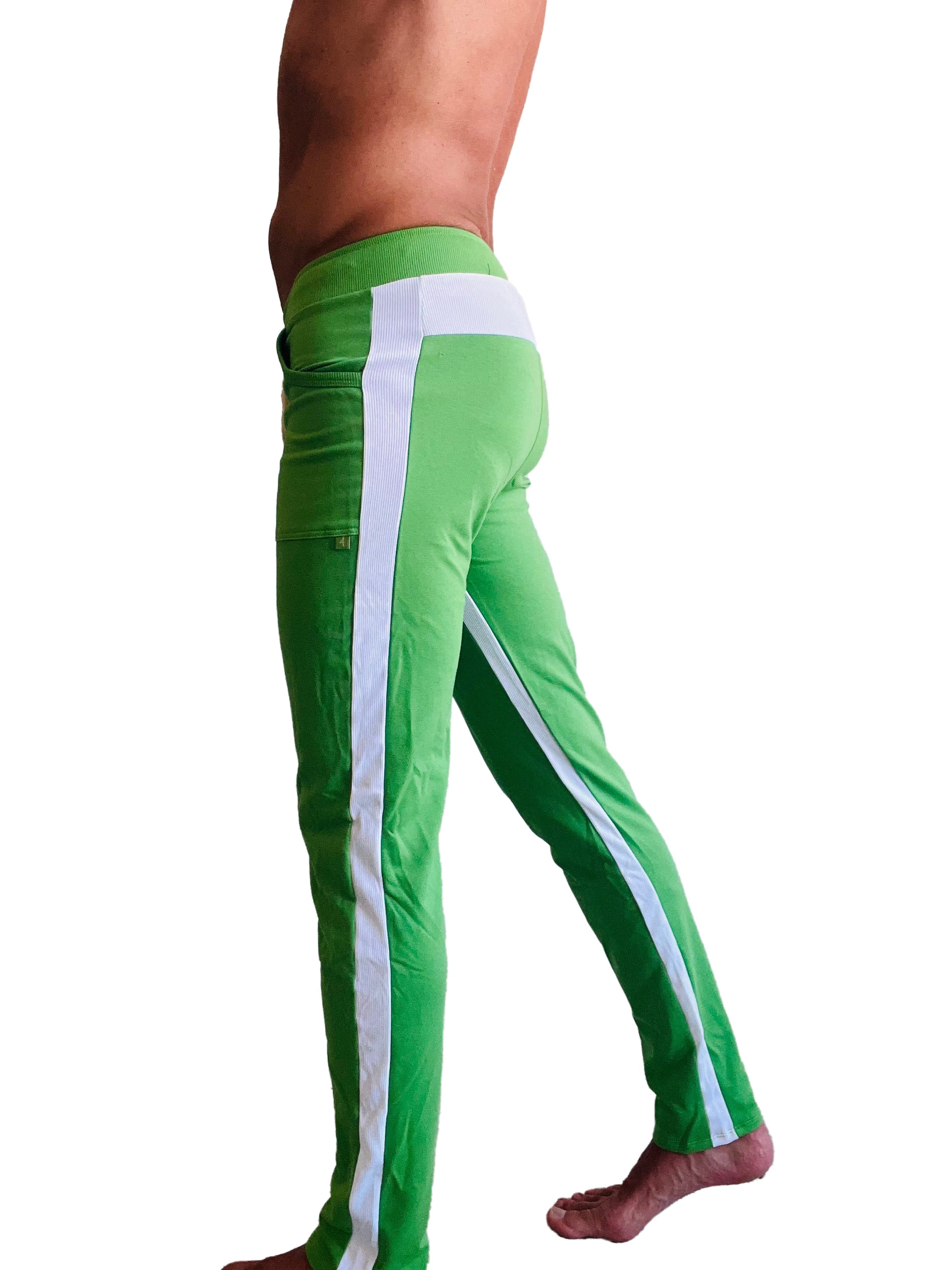 Bright green eco-track and yoga sweat pants with white side stripes and matching waistband made from bamboo fabric