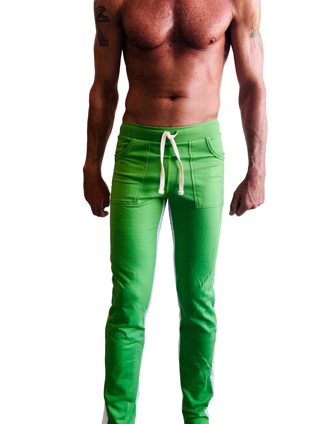 Eco-track and yoga sweat pant in bamboo green with white drawstrings and side pockets made from eco-friendly fabric
