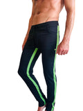 Black eco-track and yoga sweat pant with vibrant bamboo green neon side stripes made from sustainable fabric