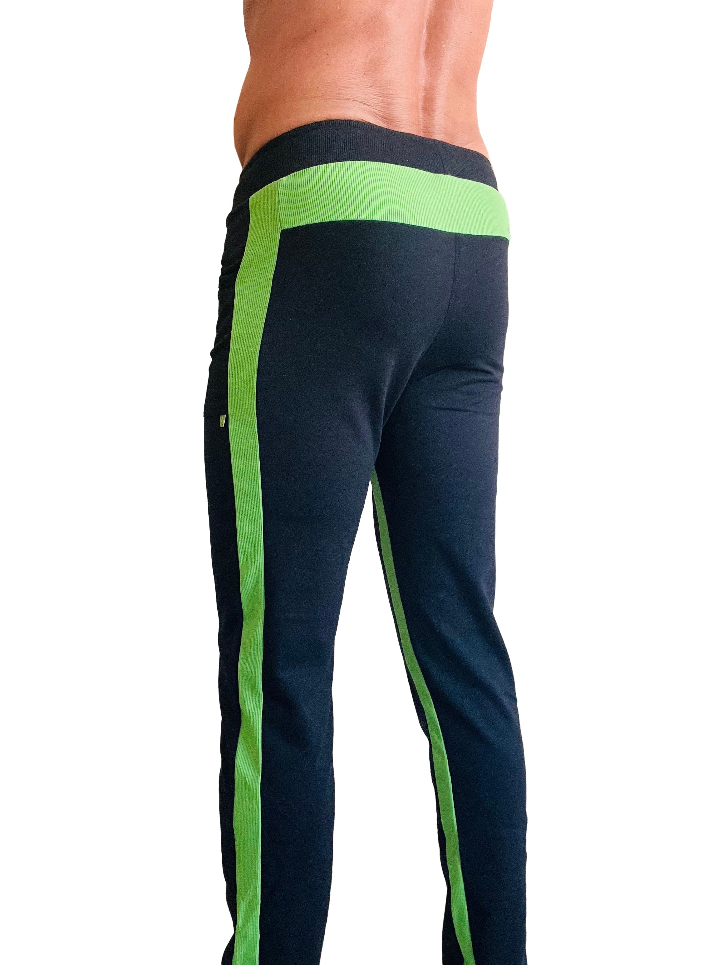 Navy blue eco-track and yoga sweat pants with vibrant lime green bamboo green side stripes and ribbed waistband