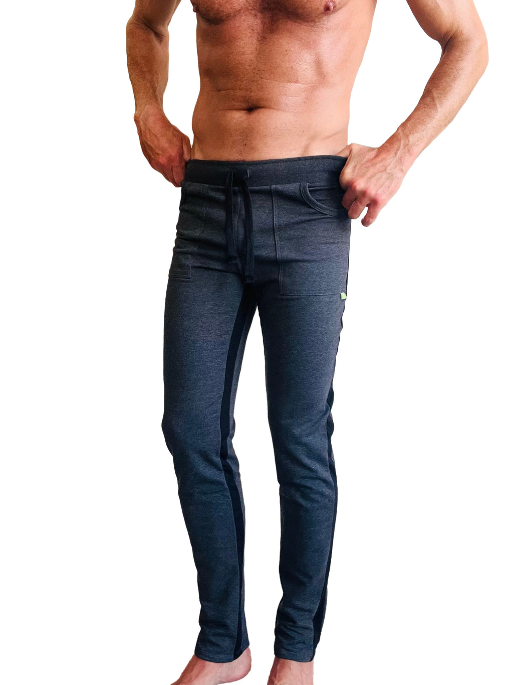 Dark heathered blue eco-track and yoga sweat pant with drawstring waistband and side pockets in charcoal with black