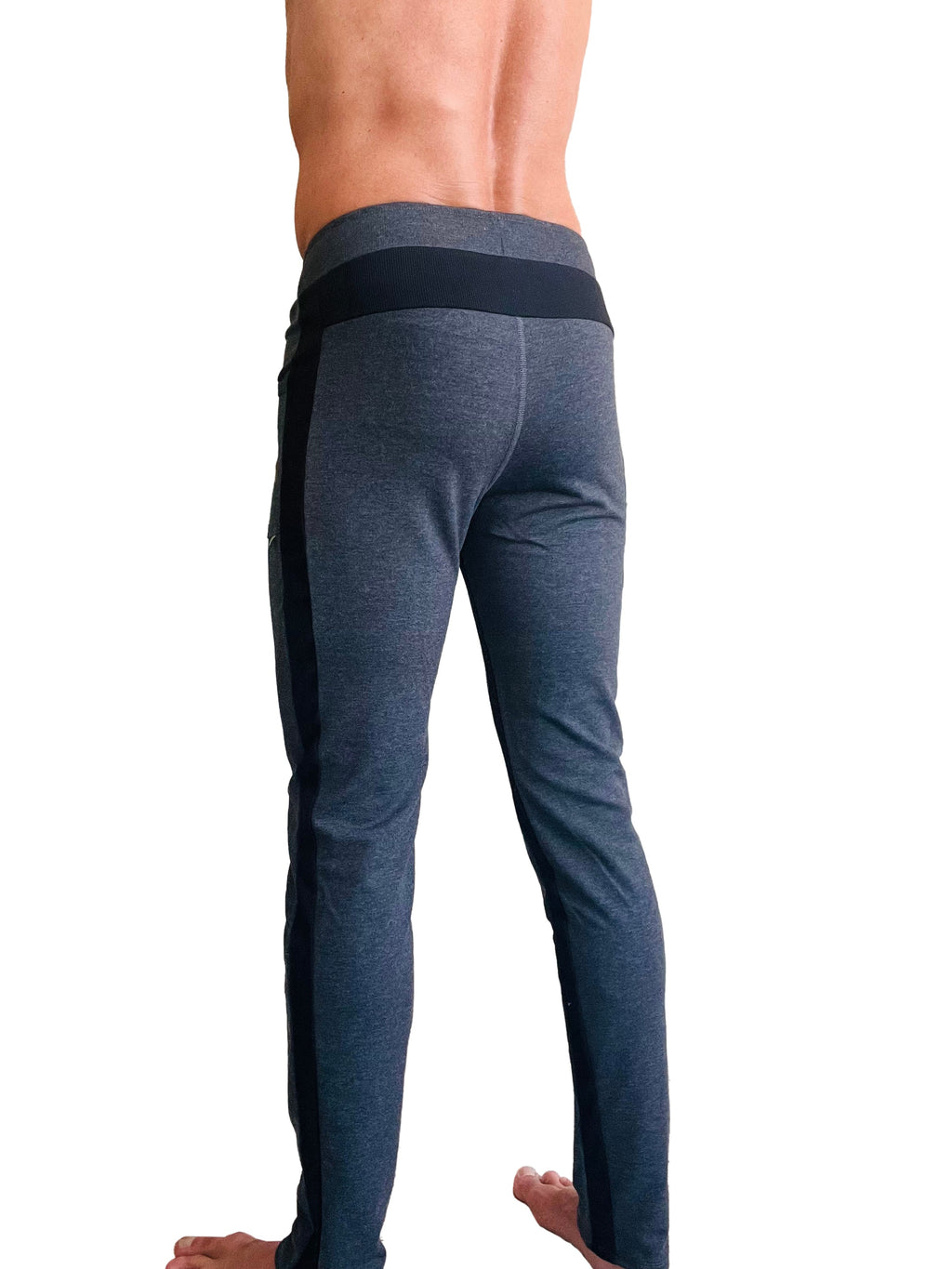 Dark gray heathered eco-track and yoga sweat pant with black side panels and contrasting black waistband front view