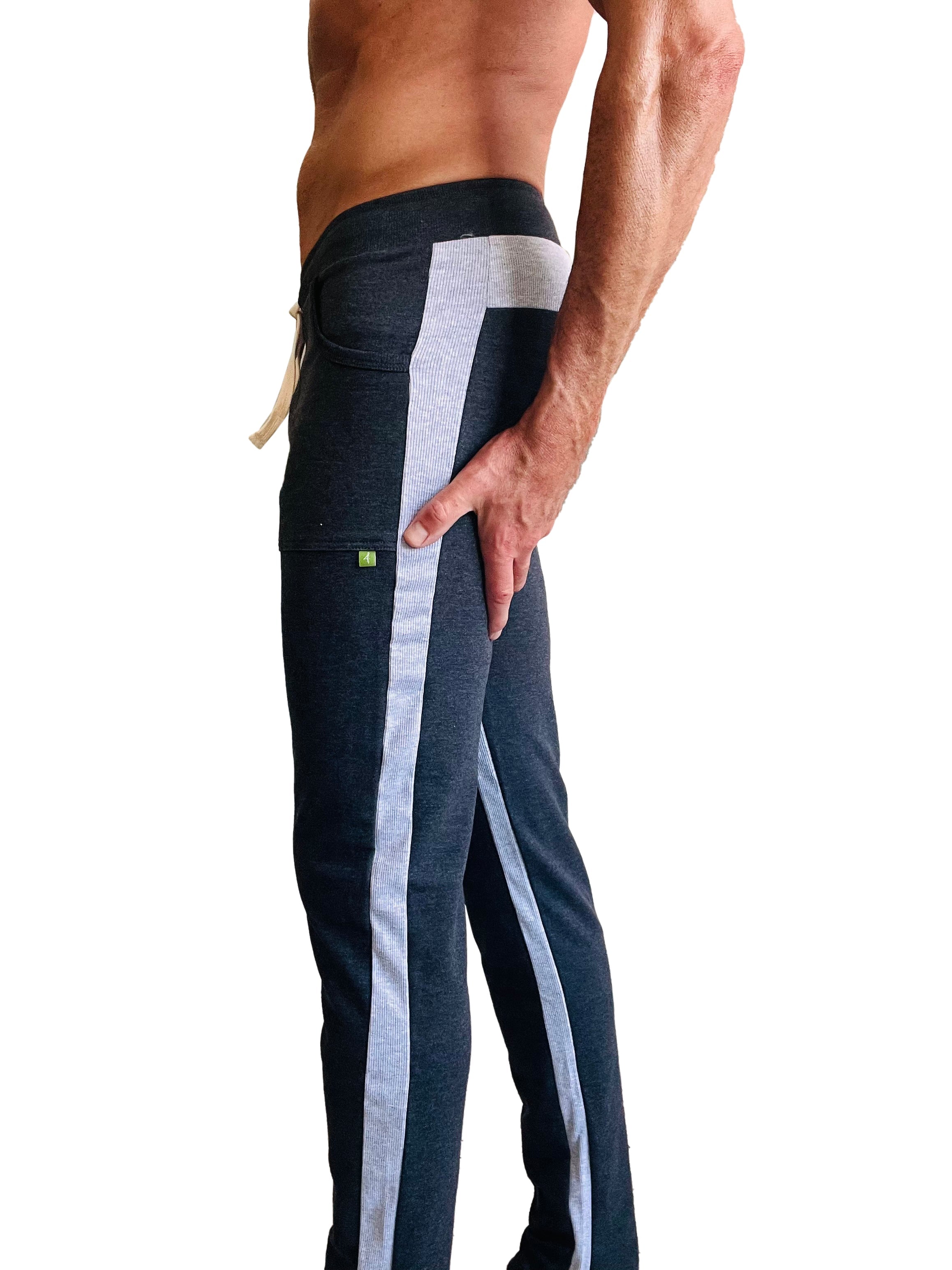 Eco-track and yoga sweat pant charcoal with grey features dark gray athletic pants with light gray stripes and side pocket