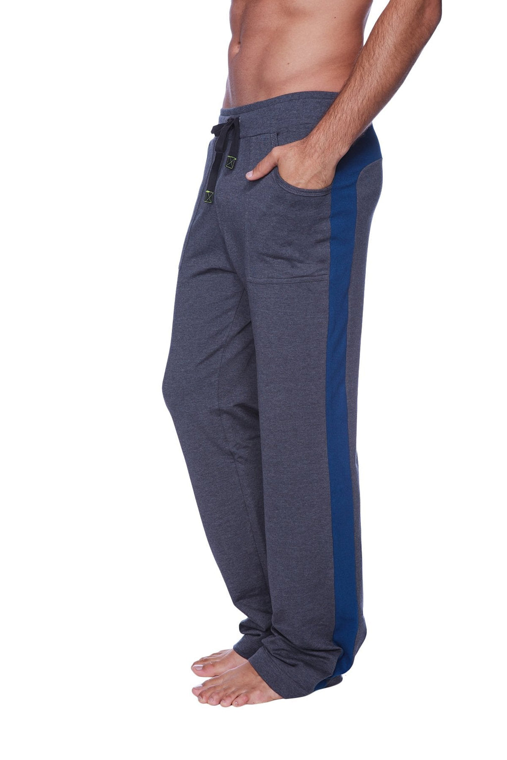 Eco-track and yoga sweat pant in charcoal with royal blue features gray and navy blue drawstring athletic lounge pants