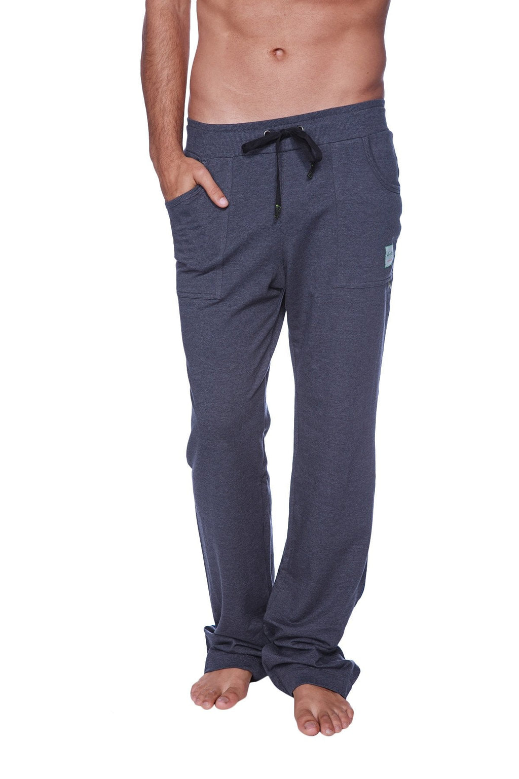 Dark gray heathered eco-track and yoga sweatpants with black drawstring waistband and side pockets in charcoal color