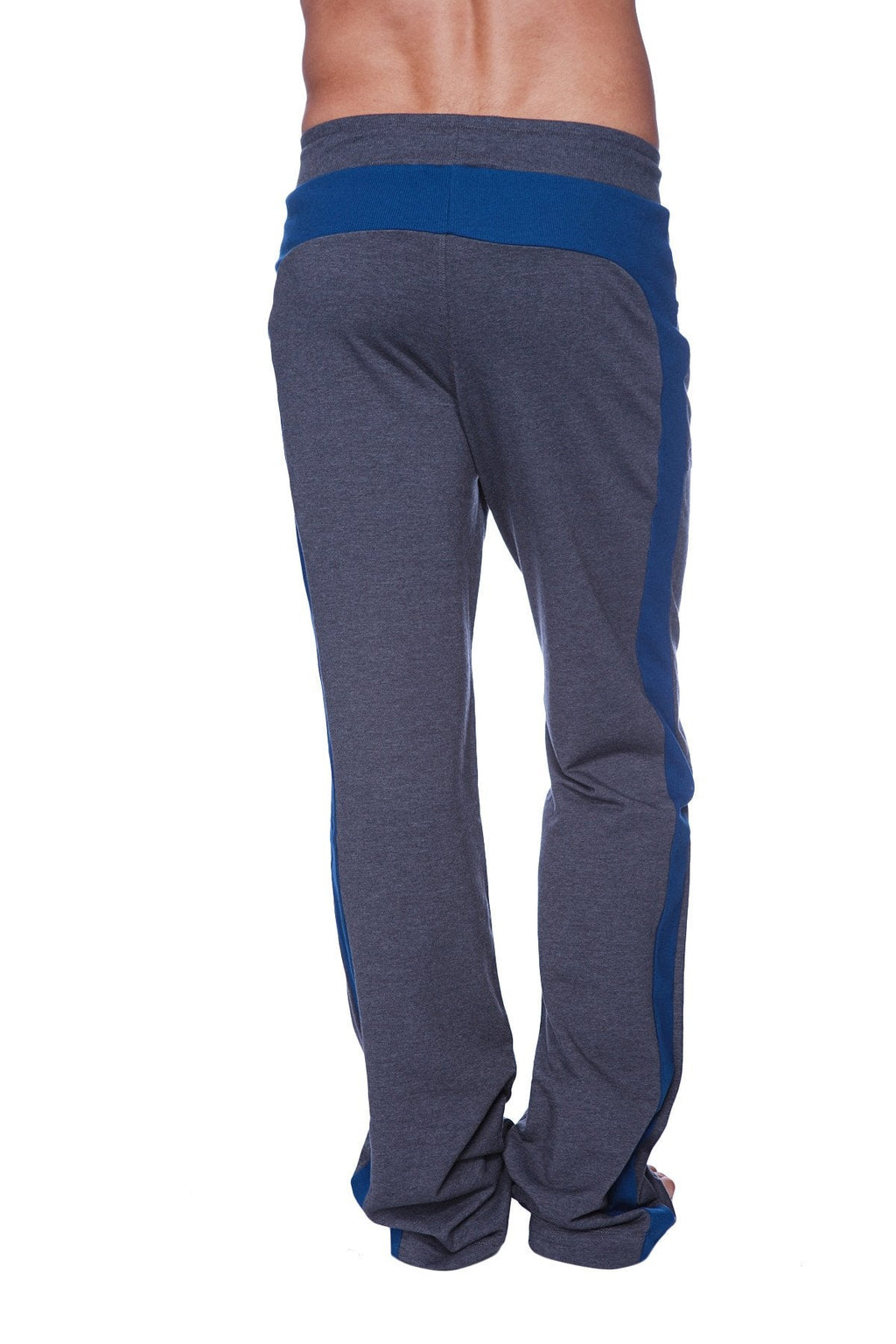 Eco-track and yoga sweat pant in charcoal with royal blue side panels and ribbed waistband made for athletics
