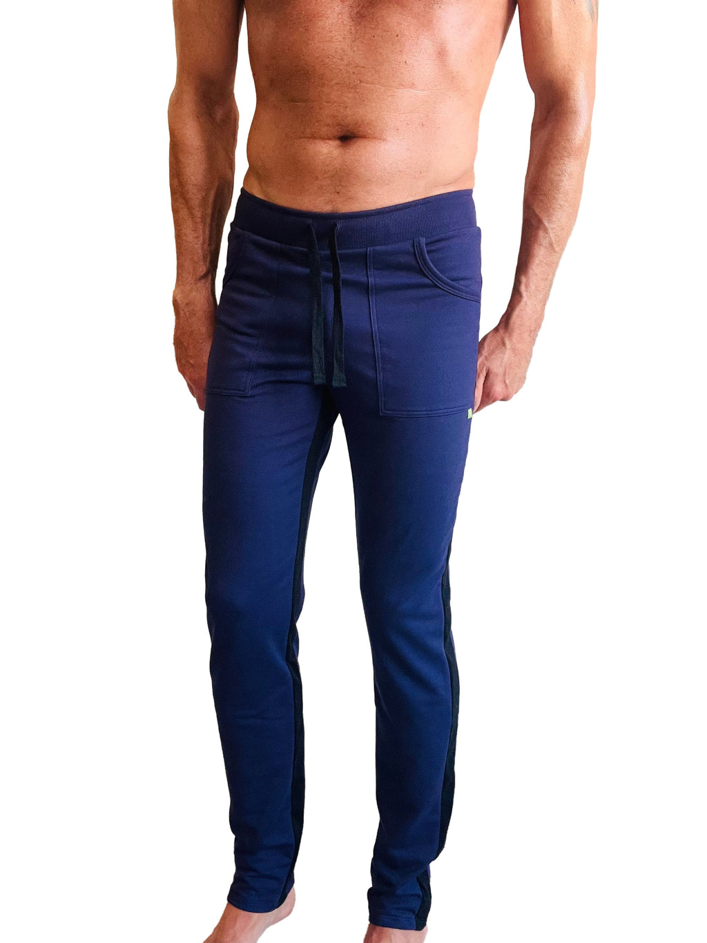 Eco-track and yoga sweat pant in eggplant with black featuring navy blue athletic joggers with drawstring waistband and side pockets