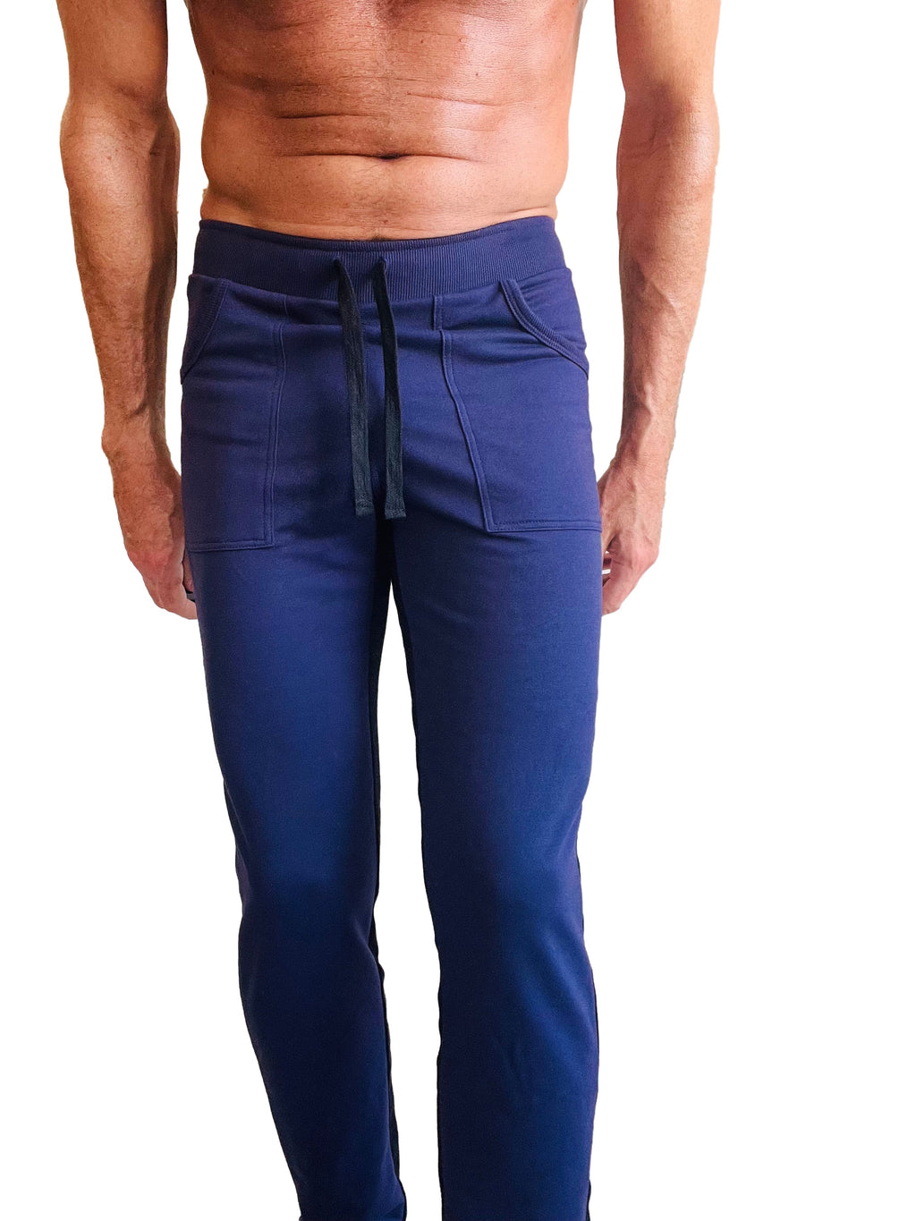 Navy blue eco-track and yoga sweat pant with elastic waistband drawstring two front pockets and relaxed fit