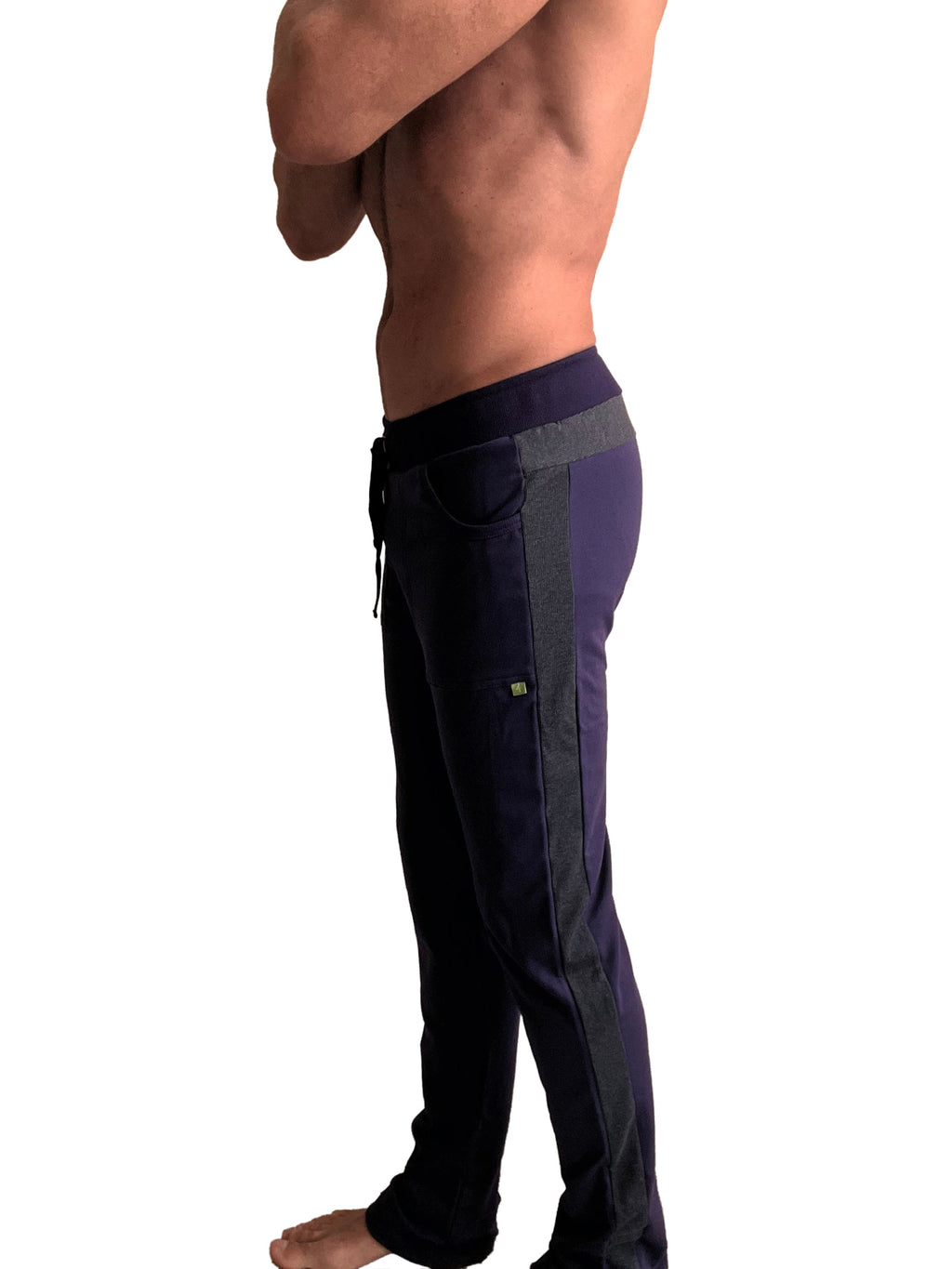 Eco-track & yoga sweat pant in navy blue and black with drawstring waistband side pockets and subtle thigh branding