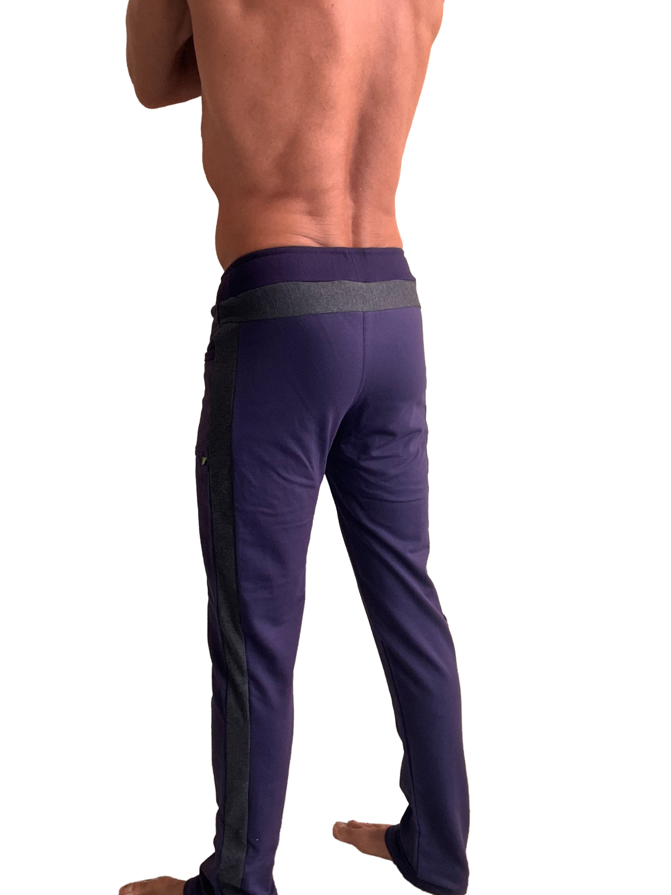 Eco-track and yoga sweat pant in eggplant with charcoal side panels and gray waistband for comfortable workouts