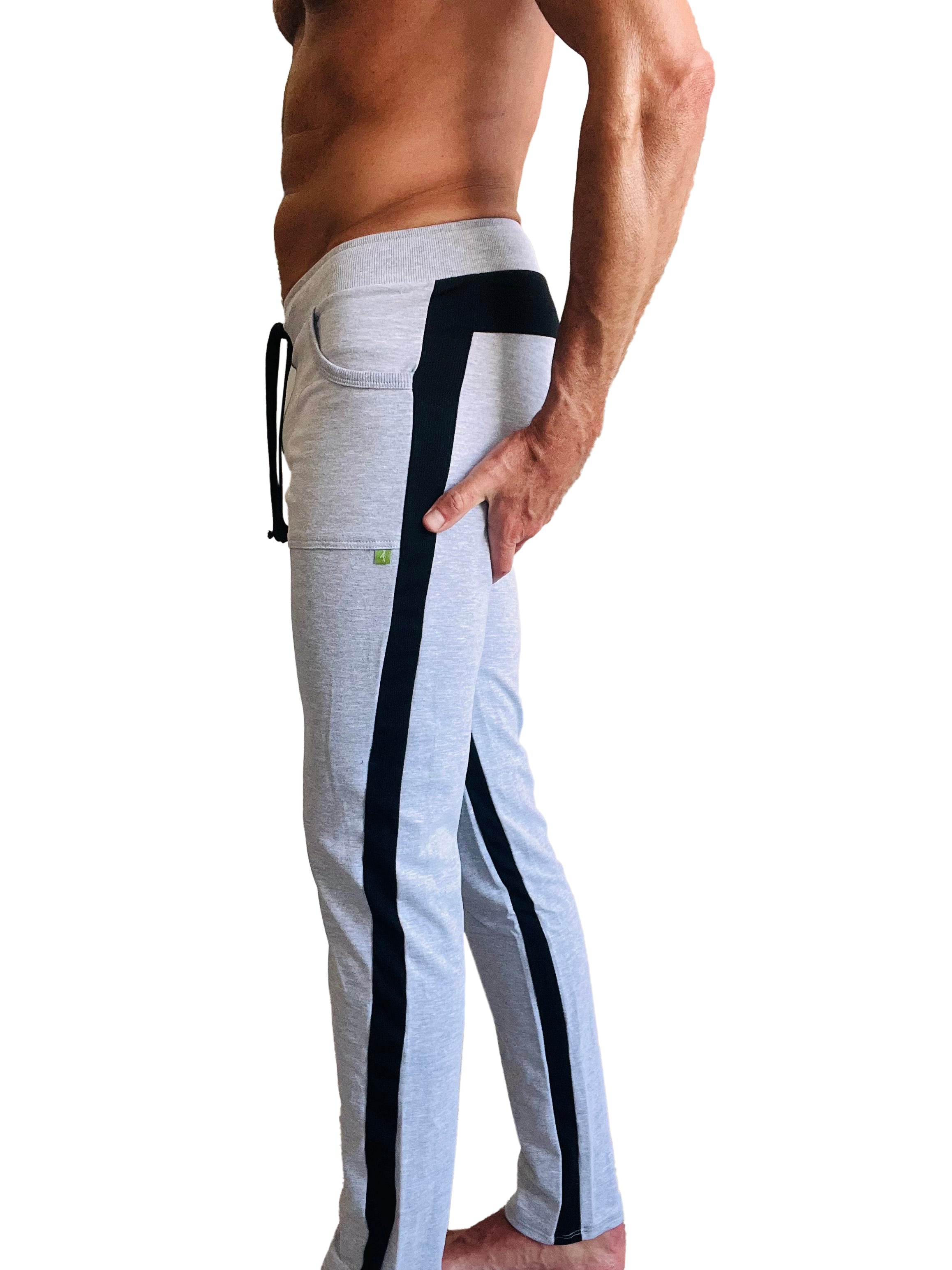 Eco-track and yoga sweat pant heather grey with black features light gray athletic pants with bold black side stripes and drawstring waistband