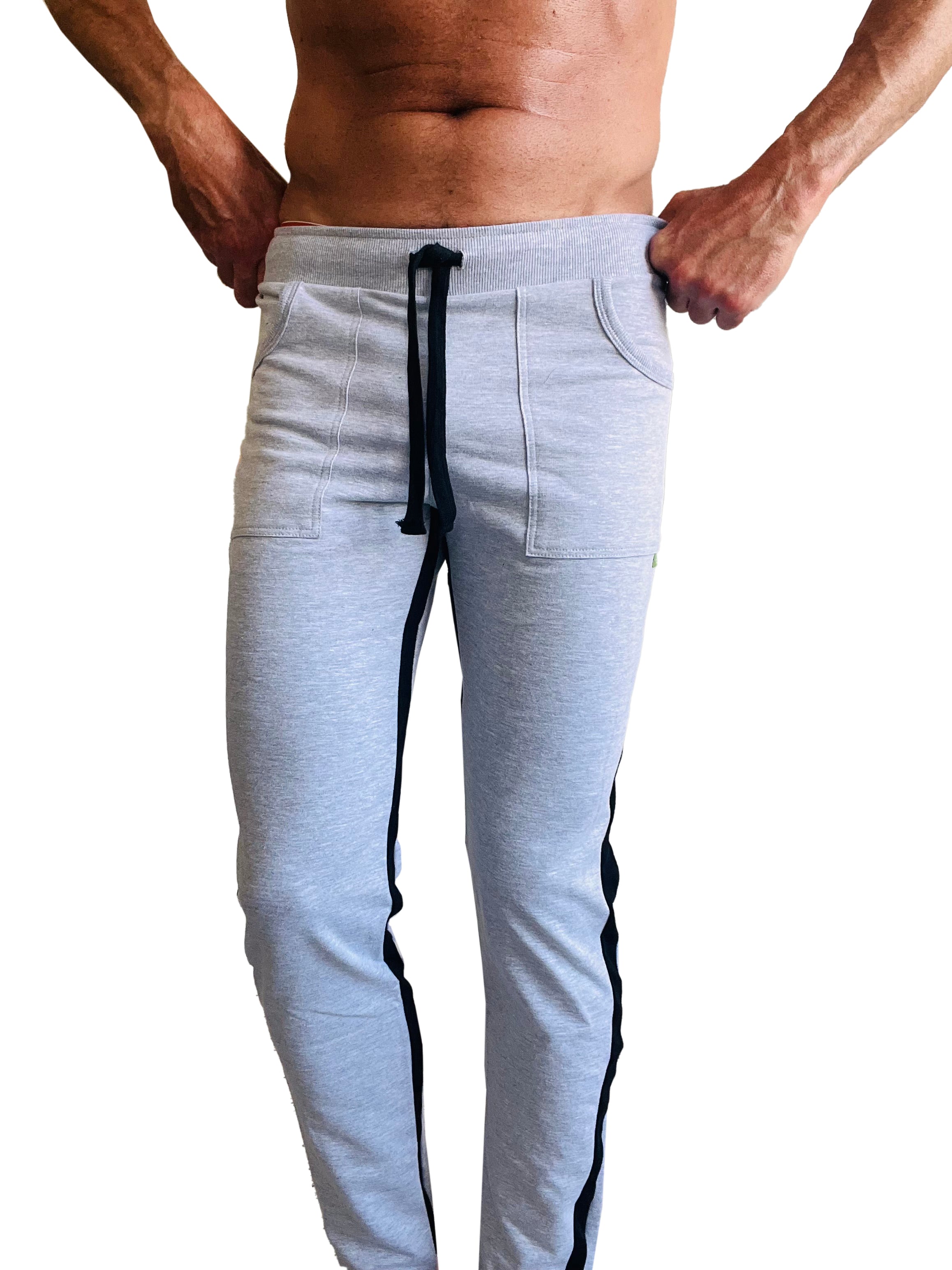Eco-track and yoga sweat pant heather grey with black side stripes and matching drawstring waistband in light gray