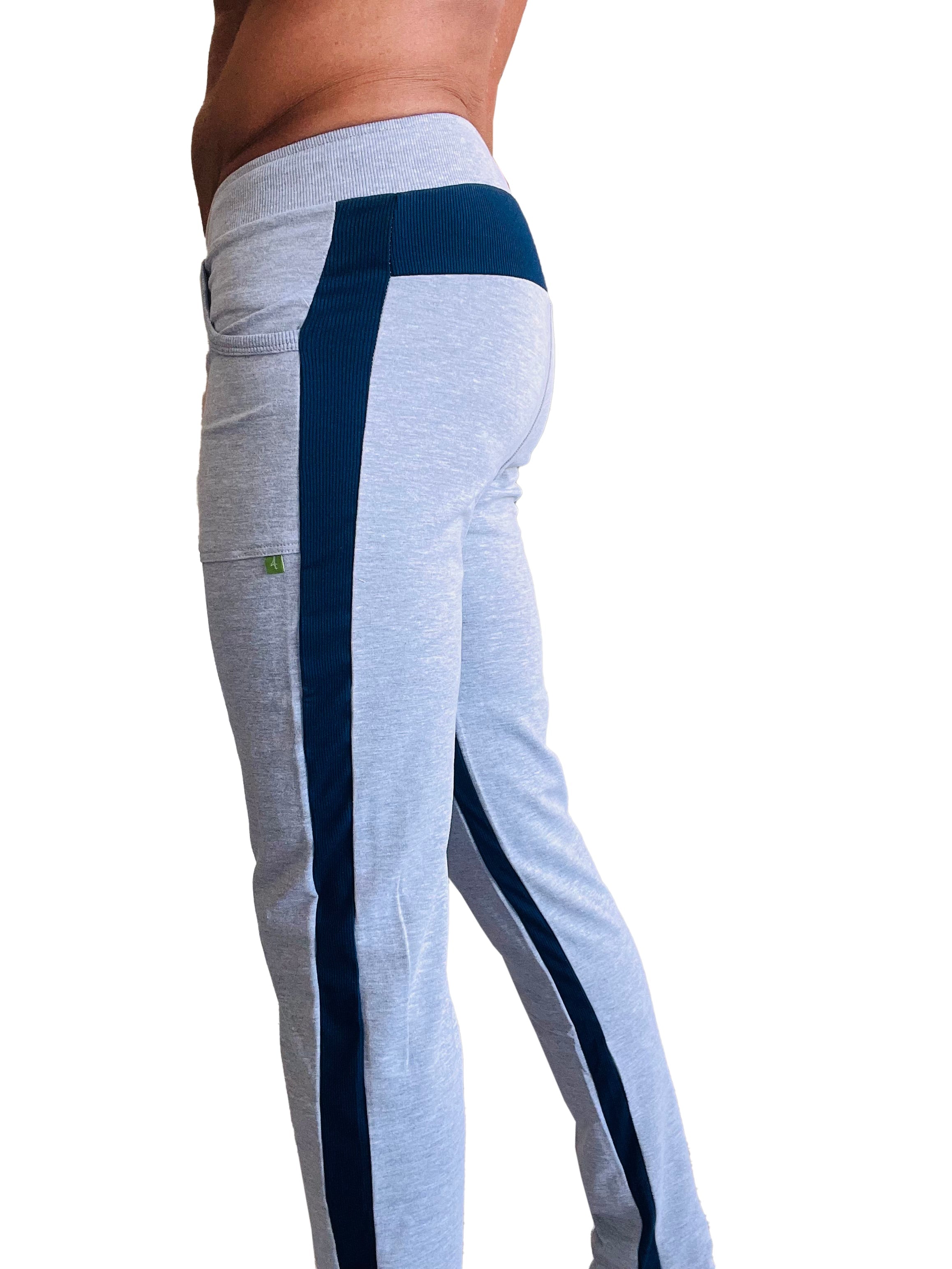 Eco-track and yoga sweat pant in heather grey with navy blue ribbed side stripe and waistband in light gray fabric