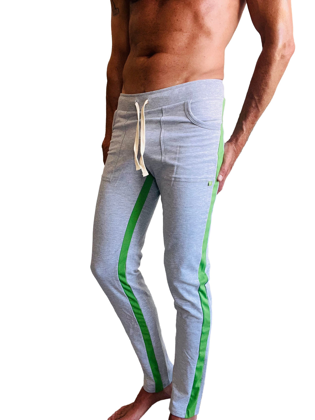 Gray heather eco-track and yoga sweat pant with green side stripes and white drawstring waistband in athletic jogger style