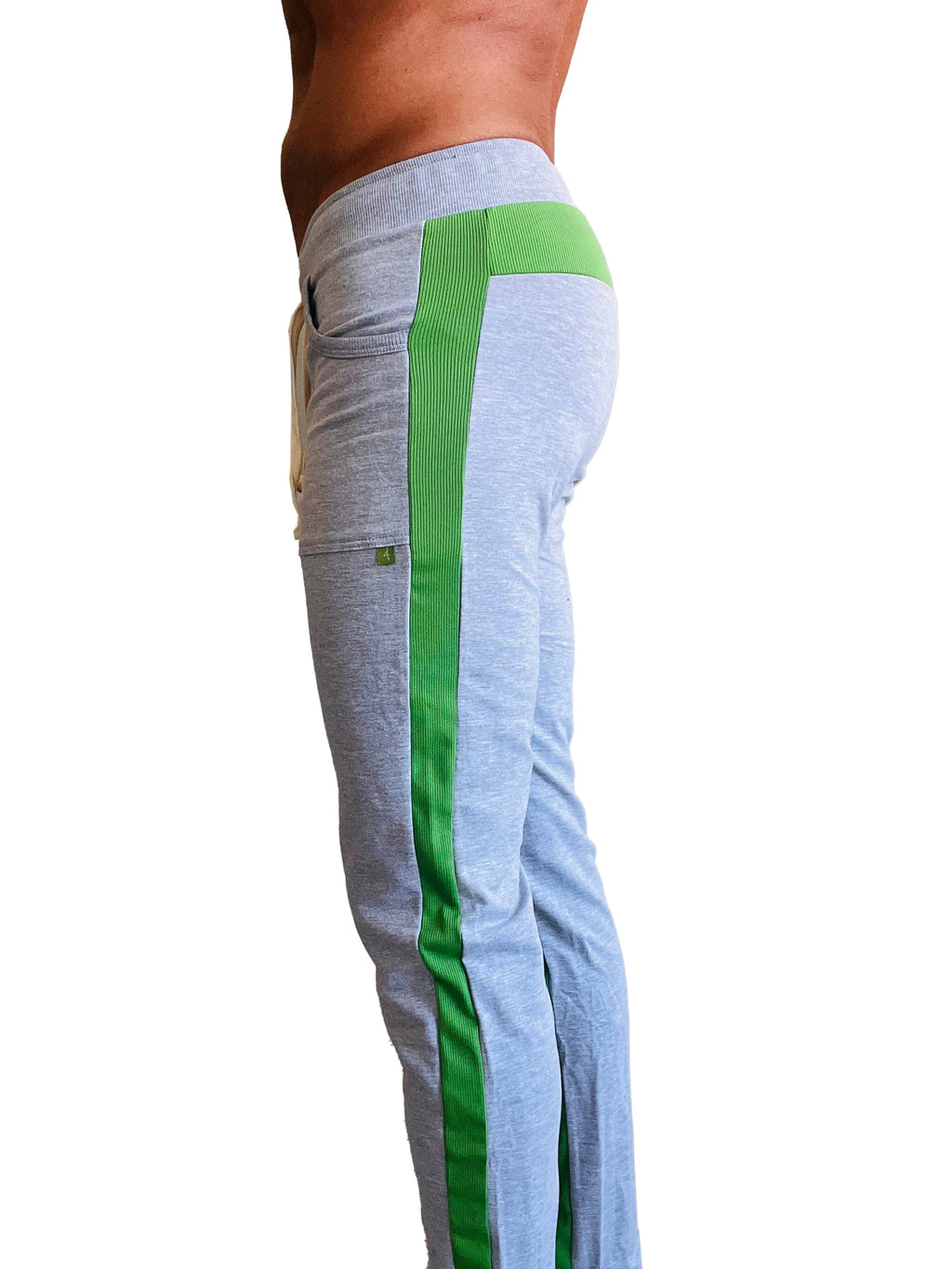 Eco-track and yoga sweat pant in heather grey with green stripe features ribbed waistband and pocket details