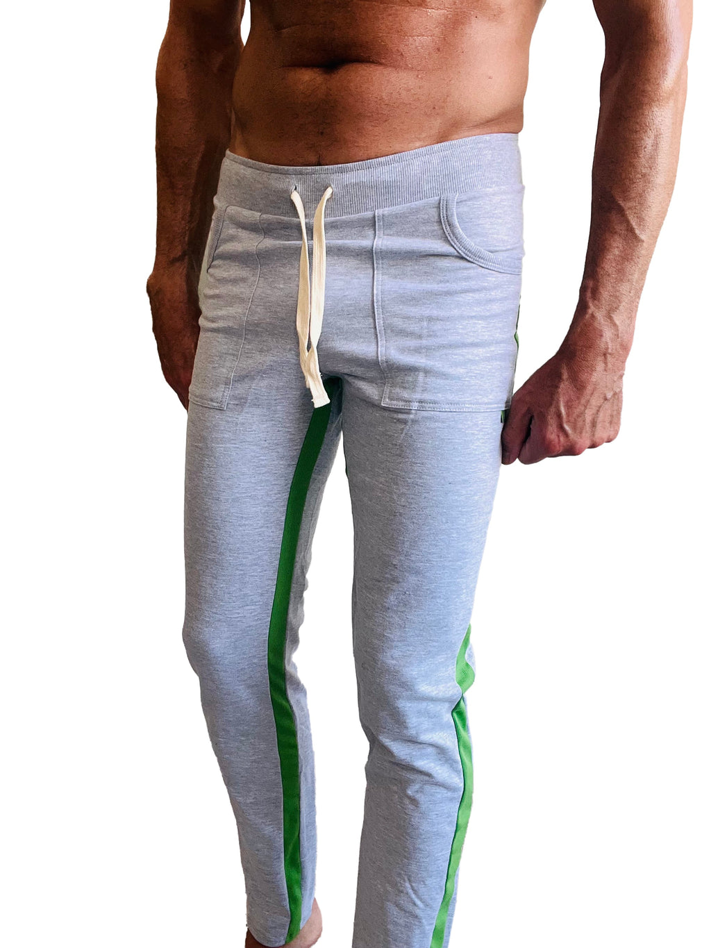Gray heather eco-track and yoga sweat pant with vibrant green side stripes and white drawstring waistband