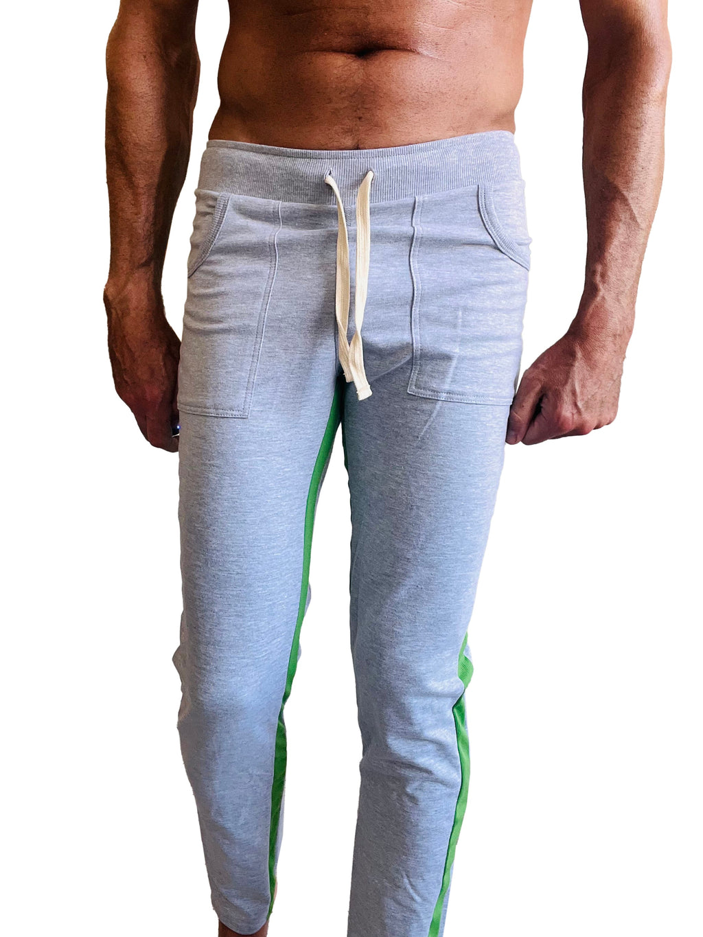 Eco-track and yoga sweat pant heather grey with green featuring light gray heathered joggers with vibrant green side stripes and cream-colored drawstring
