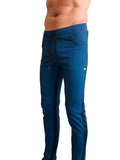 Eco-track yoga sweat pant in royal blue with black side stripes and drawstring waistband, ideal for athletic use