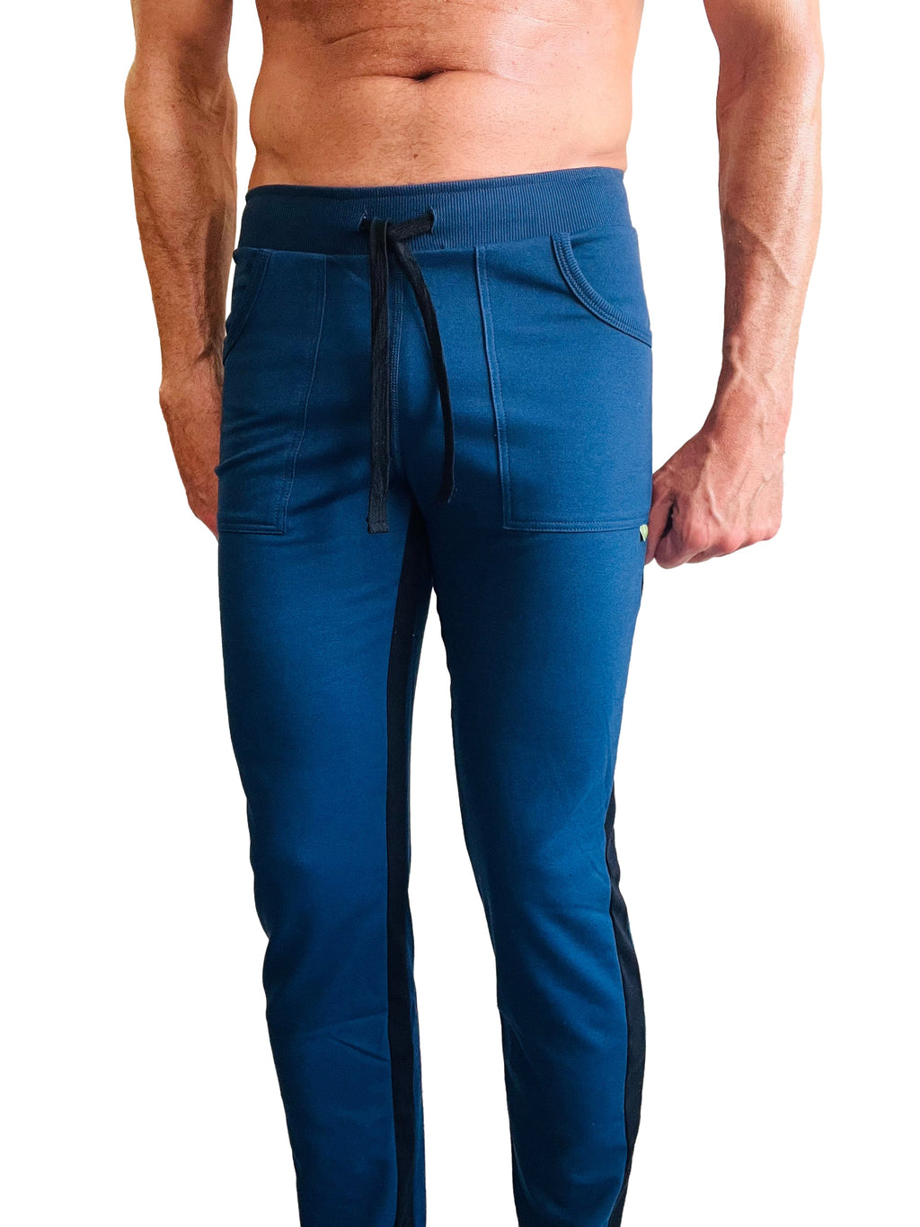 Royal blue eco-track and yoga sweat pant featuring black side stripes and a matching drawstring waistband