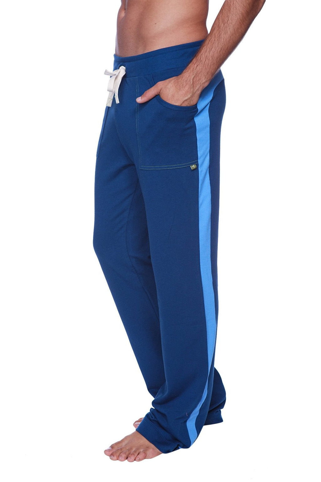 Eco-track and yoga sweat pant royal blue with light blue stripe and white drawstrings for athletic wear