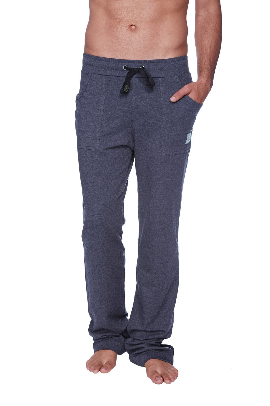 Dark gray heathered eco-track and yoga sweatpants with black drawstring and side pockets in solid charcoal color