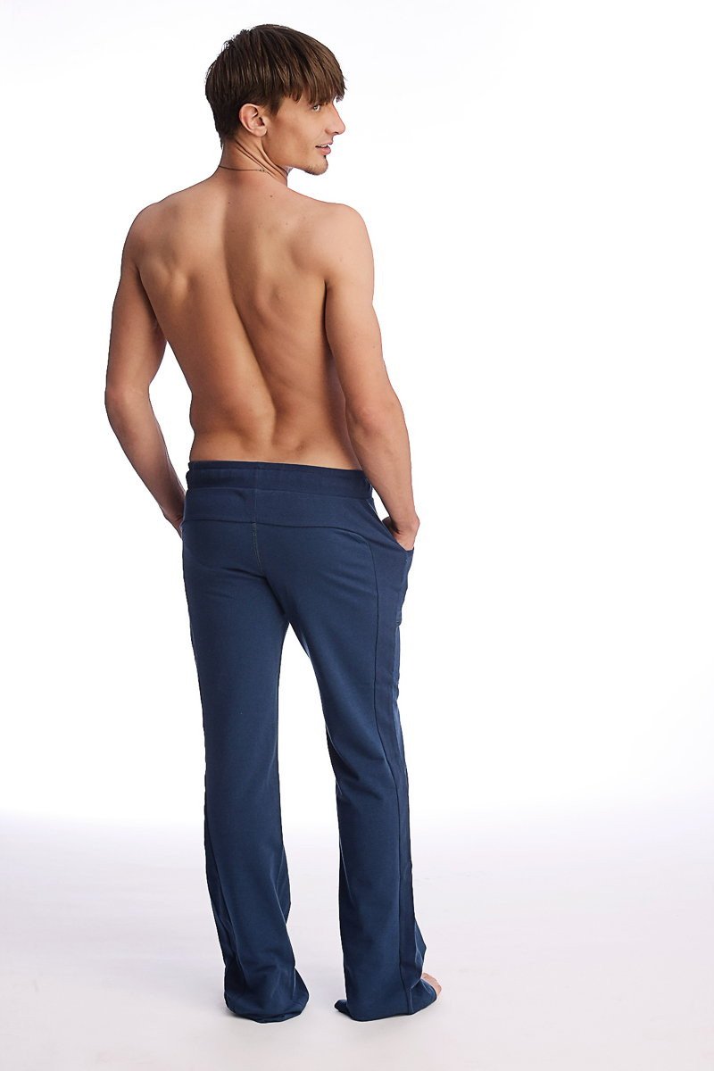Navy blue eco-track and yoga sweat pant with wide-leg cut stretchy fabric and subtle side seam detailing