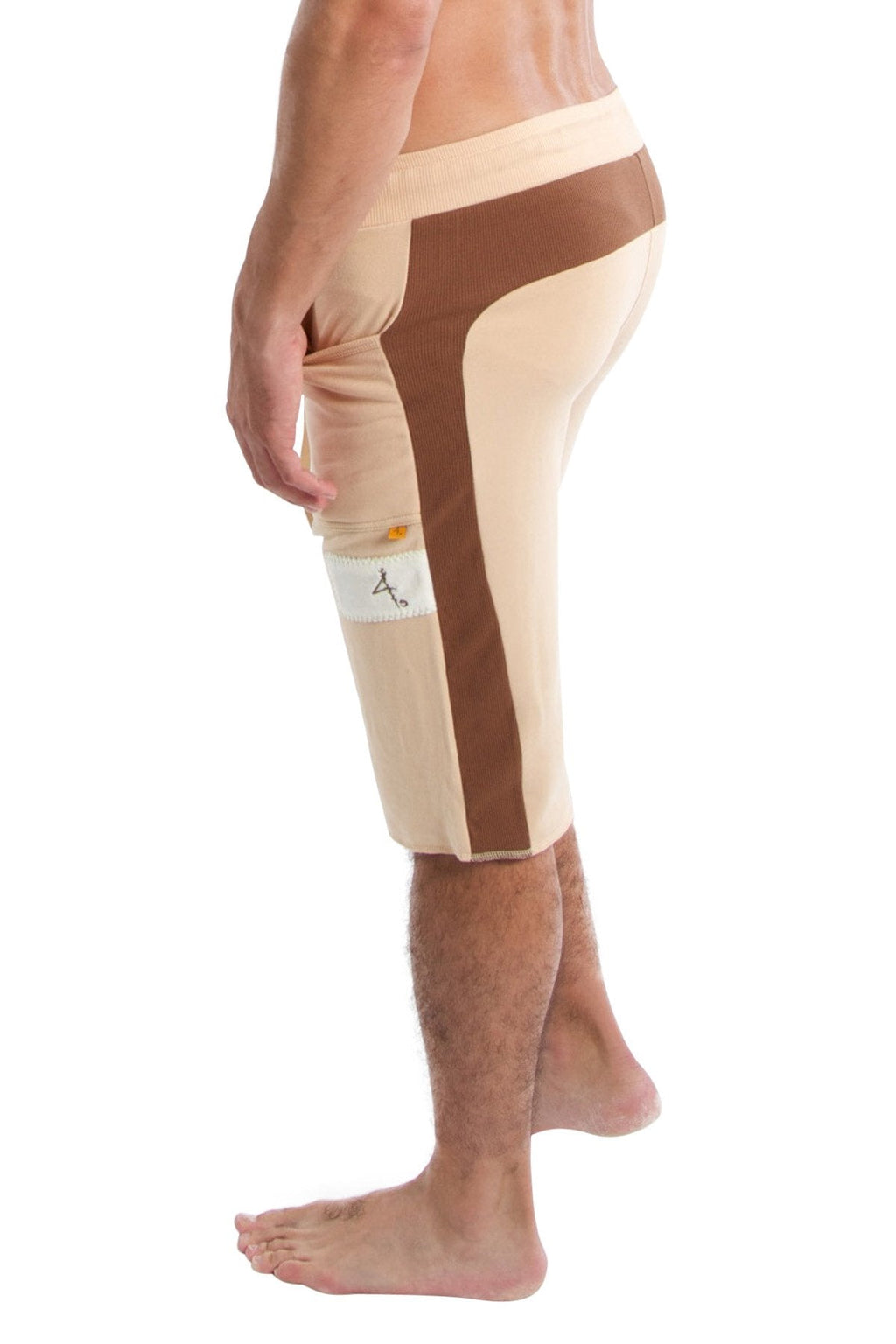 Beige and brown edge eco-track shorts with ribbed side panel and elastic waistband for athletic use