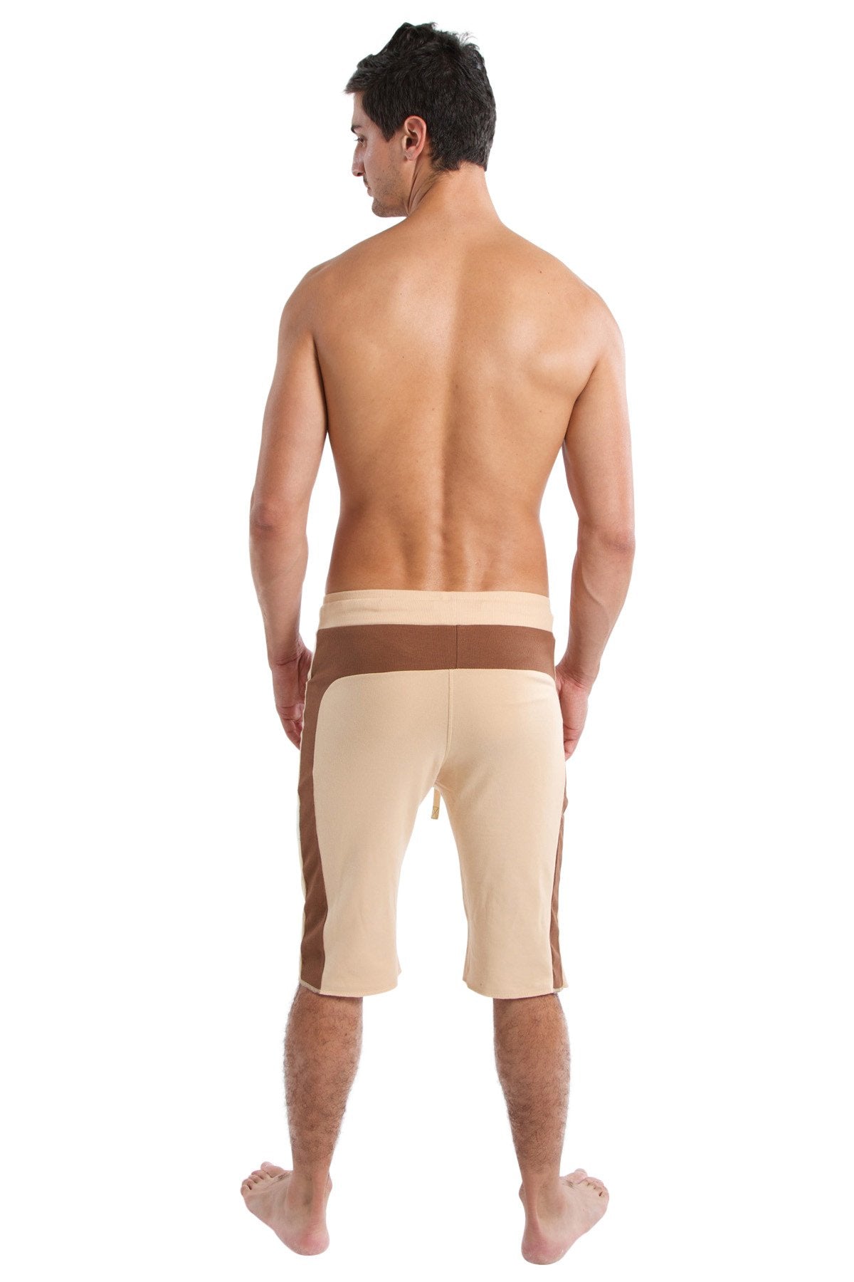 Beige and brown edge eco-track athletic shorts with contrasting waistband in sand and chocolate colors