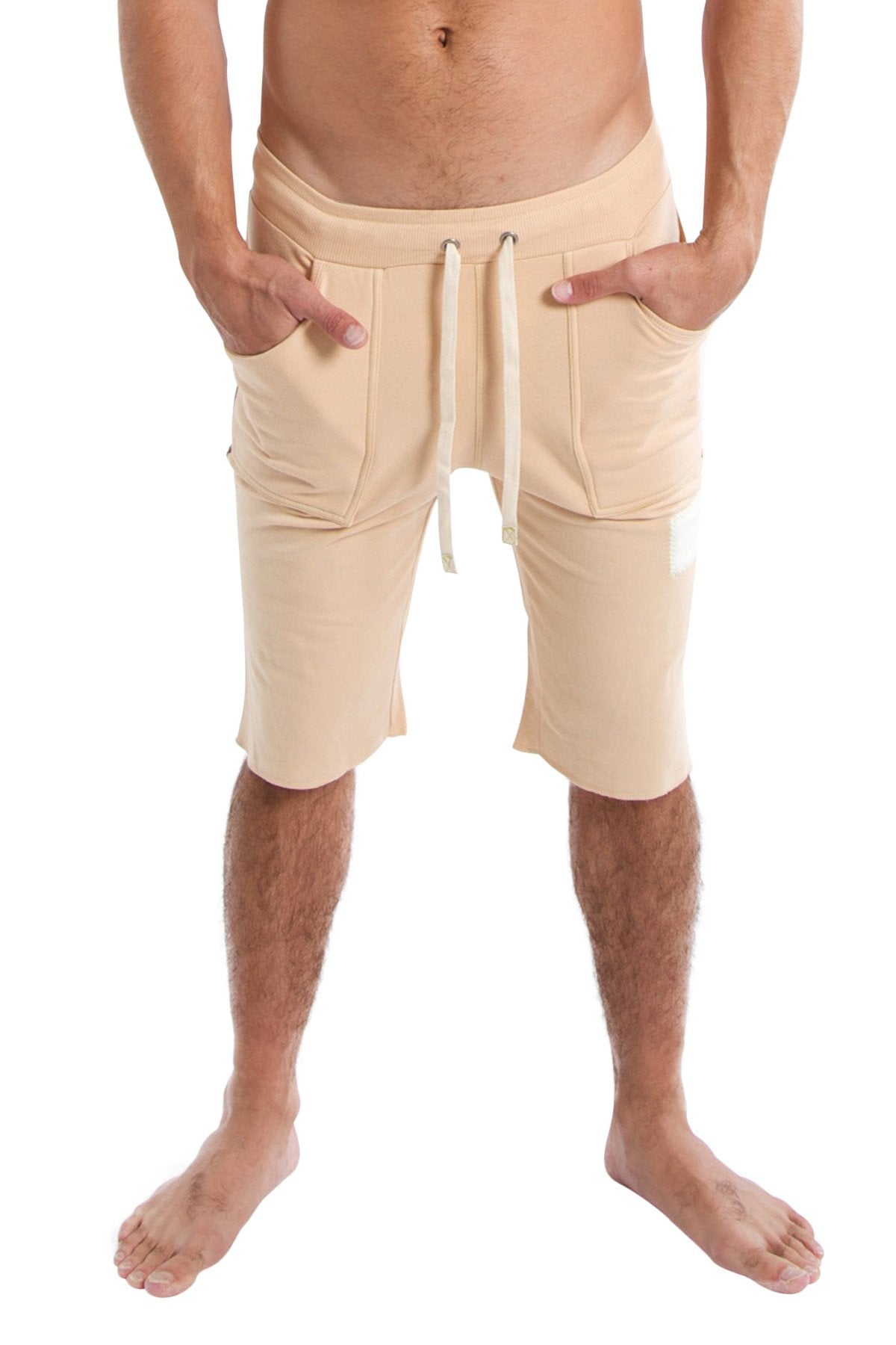 Beige edge eco-track shorts with drawstring waist and side pockets in sand with chocolate for casual wear