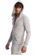 Light gray edge form-fit crossover yoga track performance hoodie with long sleeves zipper front pocket and matching hood