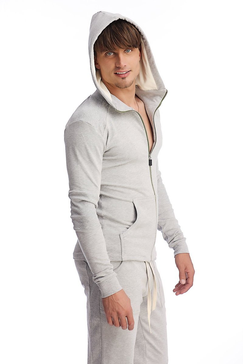 Edge form-fit crossover yoga track performance hoodie in heather grey with fleece-lined interior and drawstring waistband
