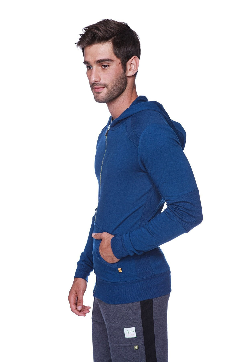 Edge form-fit crossover yoga track performance hoodie in royal blue with smooth fabric and subtle gold zipper pull
