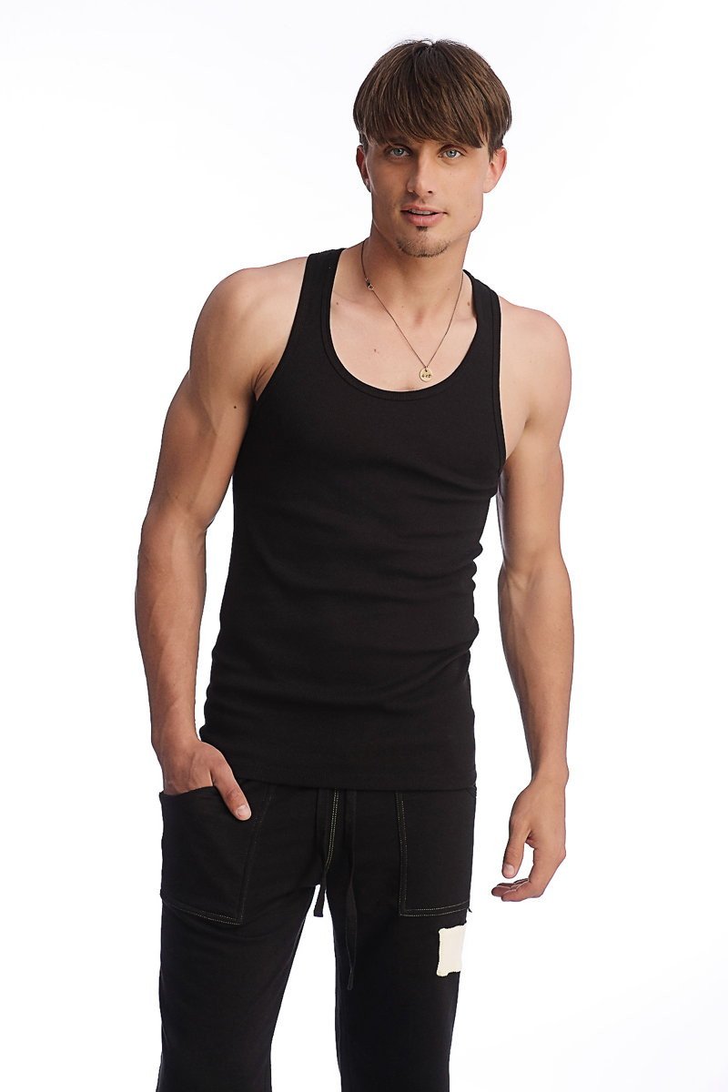 Black sleeveless edge sustain tank top with rounded neckline and fitted silhouette suitable for casual wear