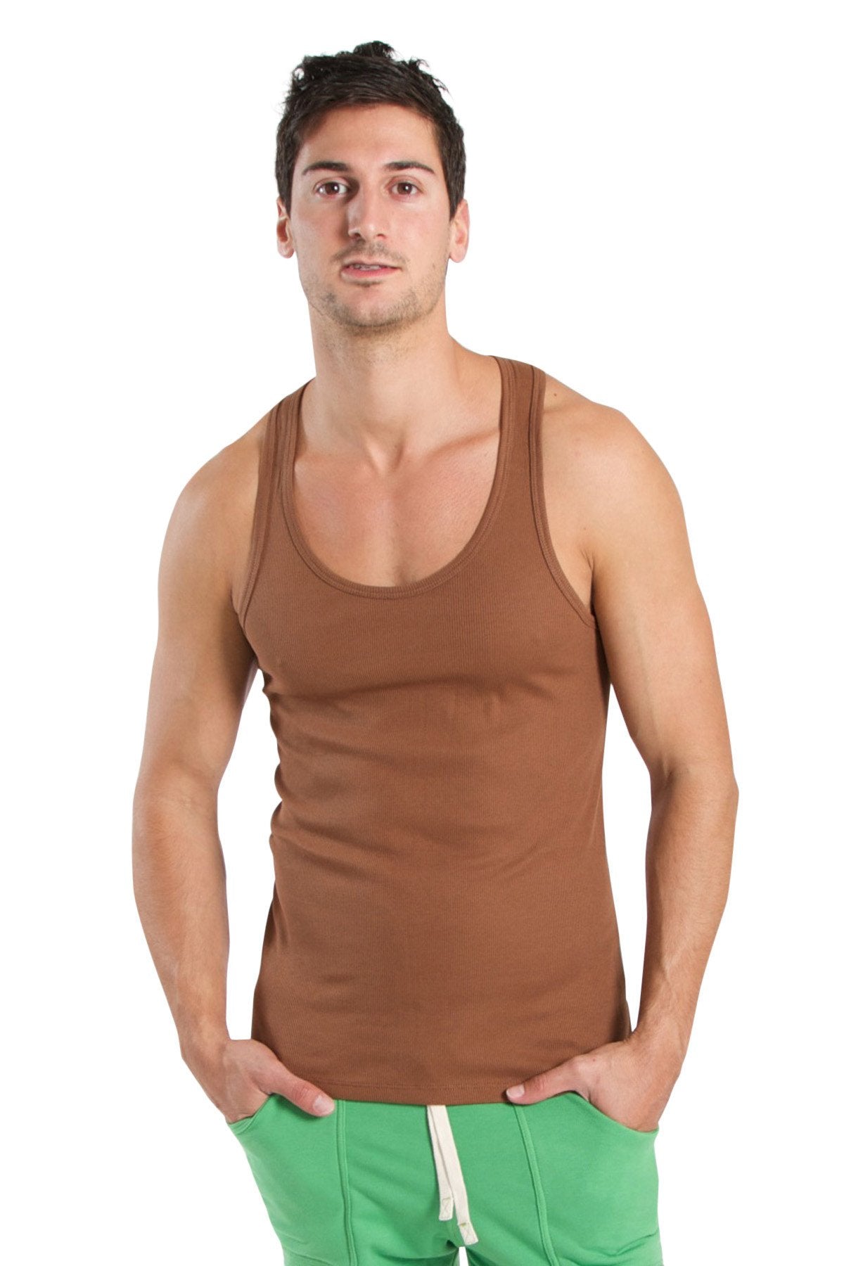 Brown cotton edge sustain tank top with scoop neckline and ribbed trim in chocolate color