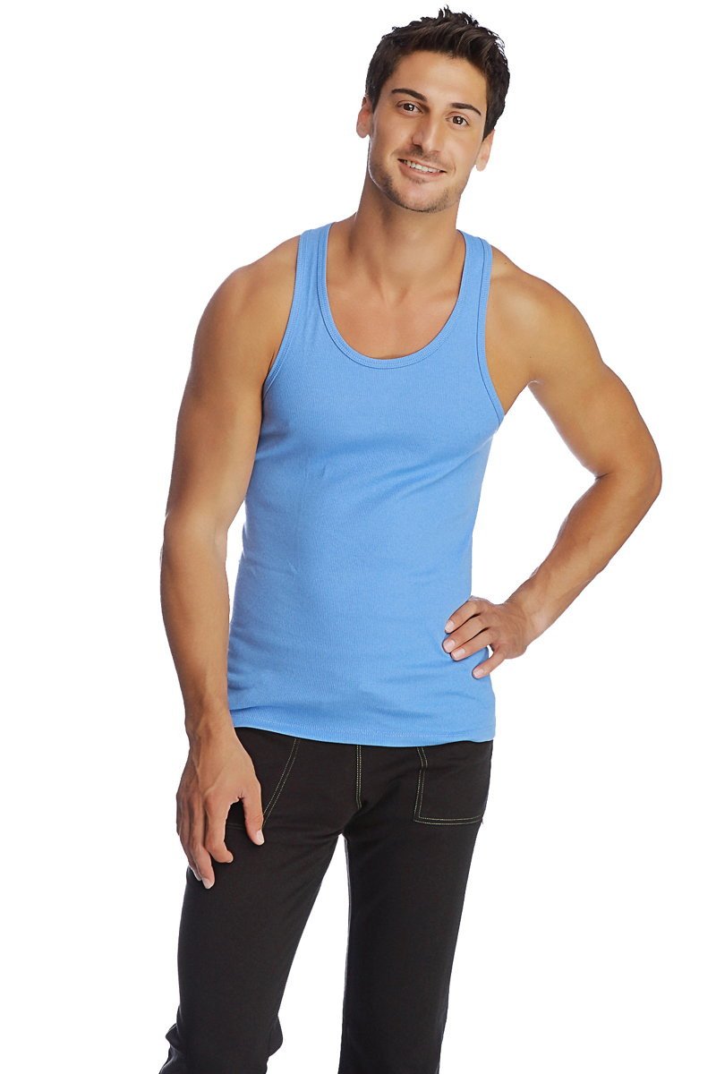 Light blue ribbed cotton tank top with rounded neckline edge sustain tank top ice color