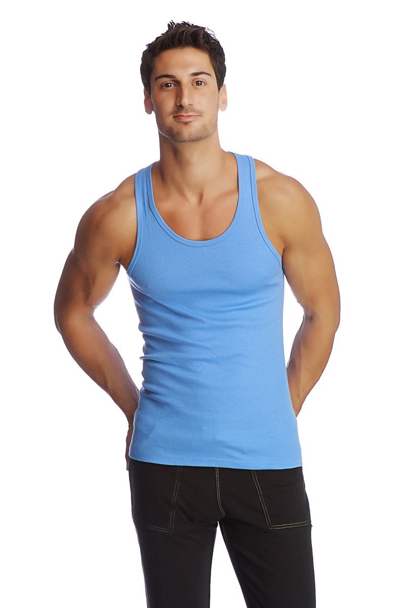 A light blue sleeveless Edge Sustain tank top with a rounded neckline and simple design in ice color
