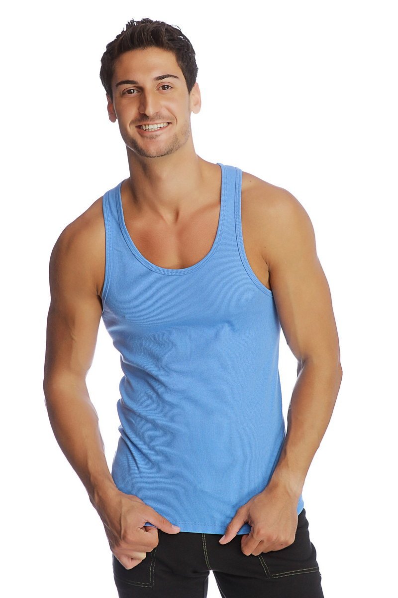 Edge sustain tank top ice is a light blue ribbed cotton tank top with a scoop neckline