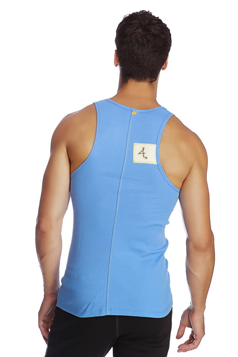 Light blue ribbed edge sustain tank top with a central back zipper and white label with black calligraphy on the back